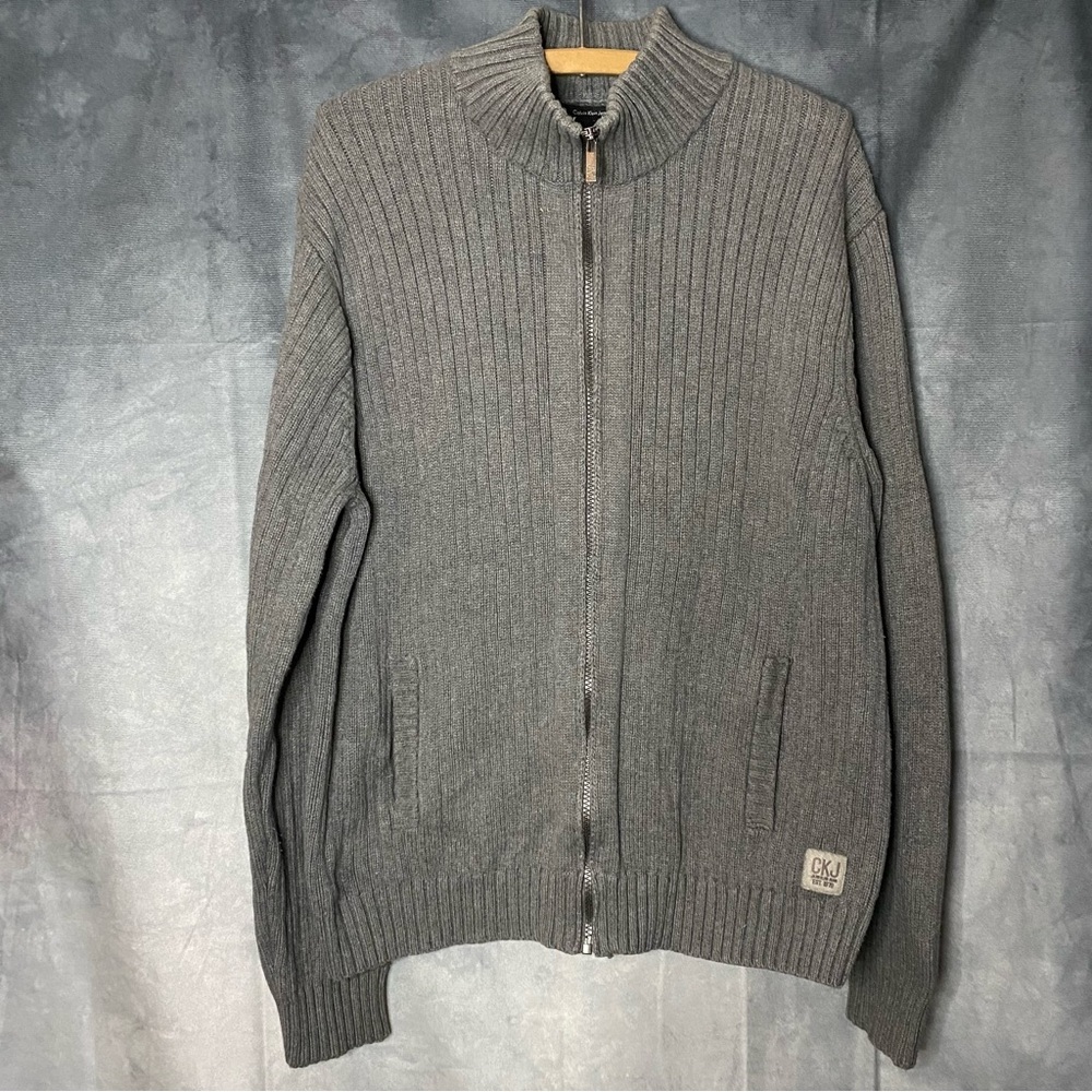 CK Calvin Klein Mens Gray Full Zip Knit‎ Sweater Size L Acadamia Preppy Career